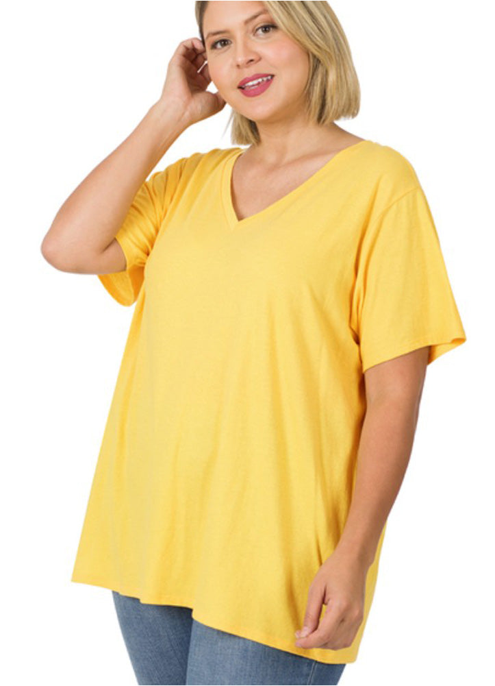 Plus Boyfriend V Neck Tee in Yellow by Zenana