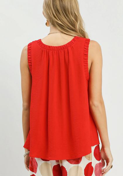 Solid Ruffle Neck Sleeveless Top in Tomato by Umgee