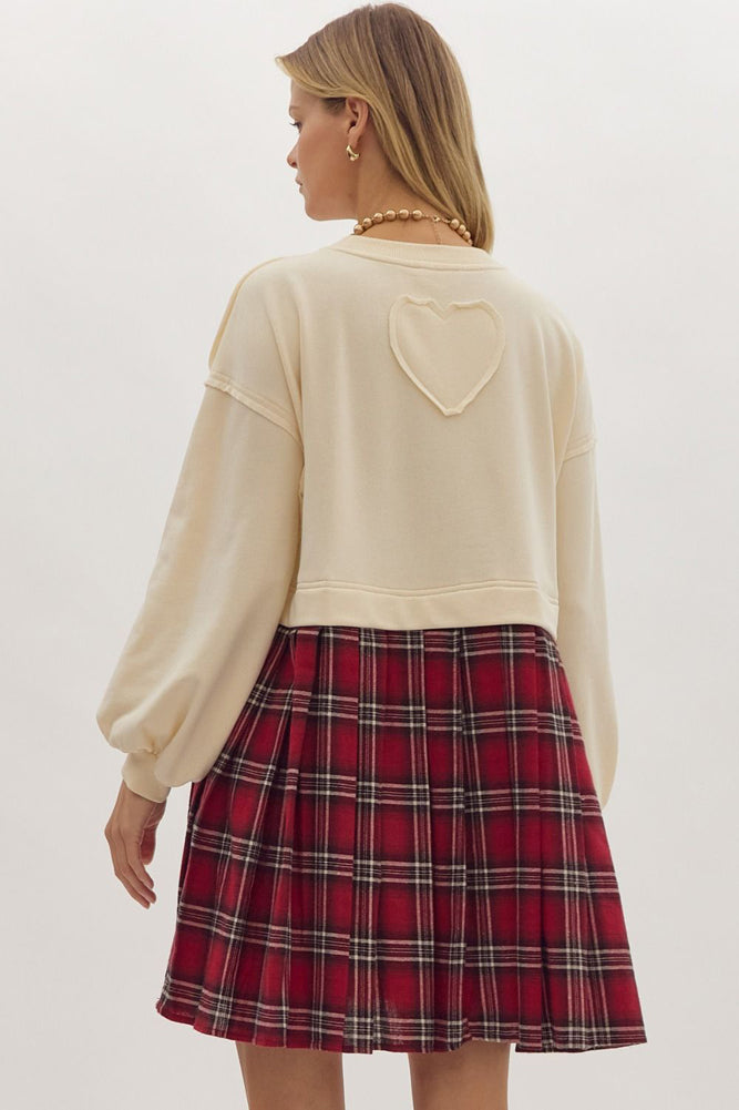 Twofer LS Mini Dress with Plaid Skirt in Ecru by Entro