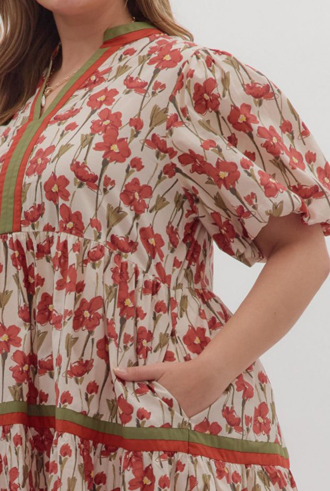 Plus Floral Print Tiered Midi Dress in Rust by Entro