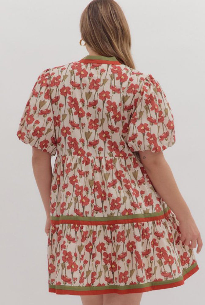 Plus Floral Print Tiered Midi Dress in Rust by Entro