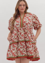 Plus Floral Print Tiered Midi Dress in Rust by Entro