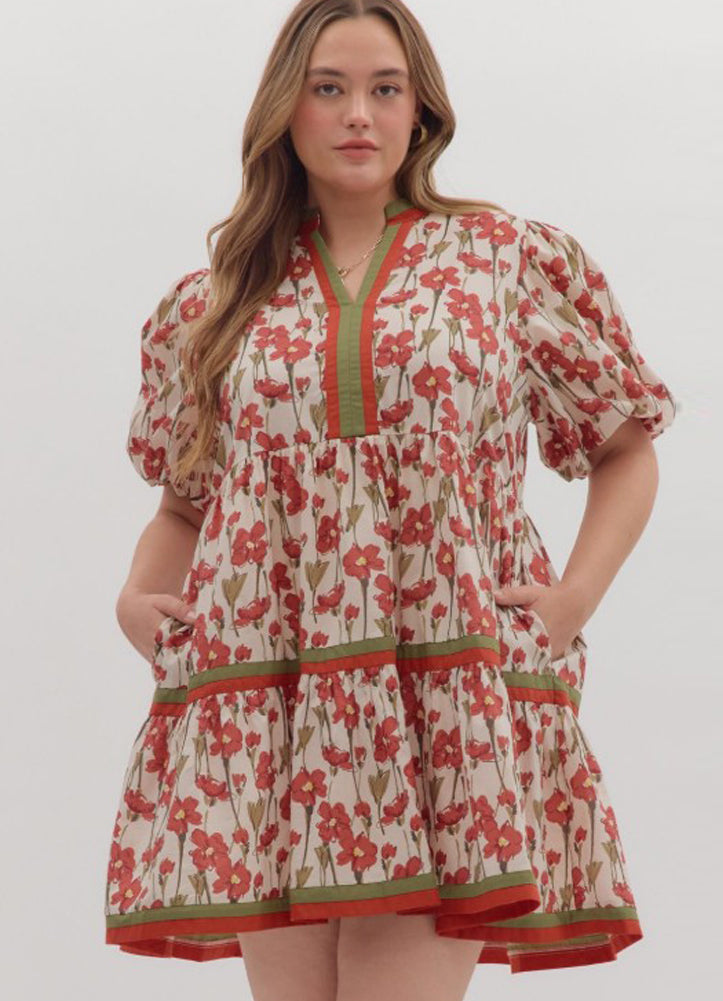 Plus Floral Print Tiered Midi Dress in Rust by Entro
