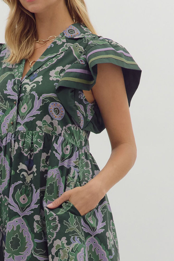 Multi Print Midi Dress with Flutter Sleeves in Green by Entro