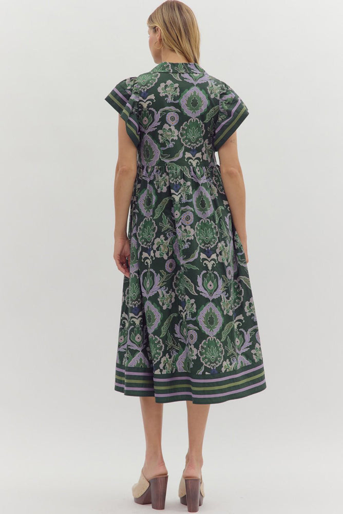 Multi Print Midi Dress with Flutter Sleeves in Green by Entro