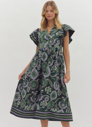 Multi Print Midi Dress with Flutter Sleeves in Green by Entro