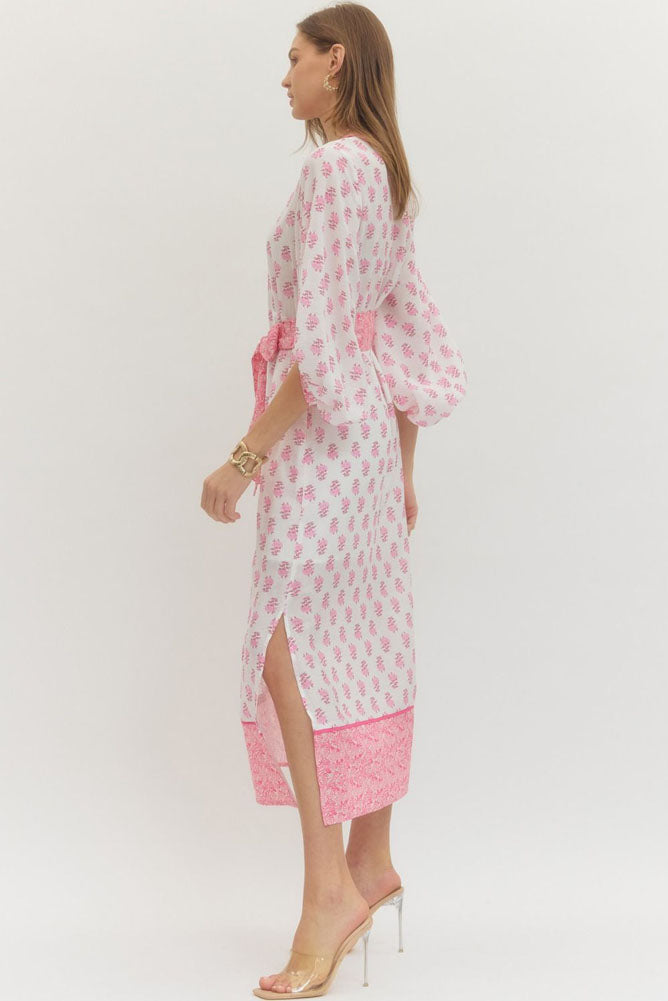 Floral Print Midi Dress with Contrast Trim in Pink by Entro