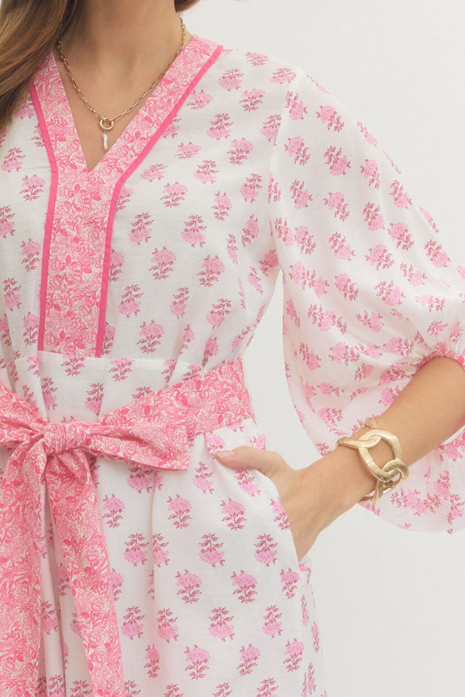 Floral Print Midi Dress with Contrast Trim in Pink by Entro
