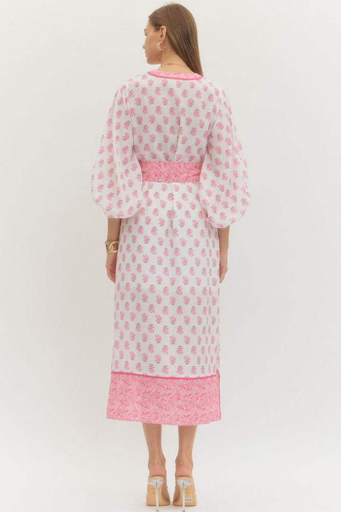 Floral Print Midi Dress with Contrast Trim in Pink by Entro