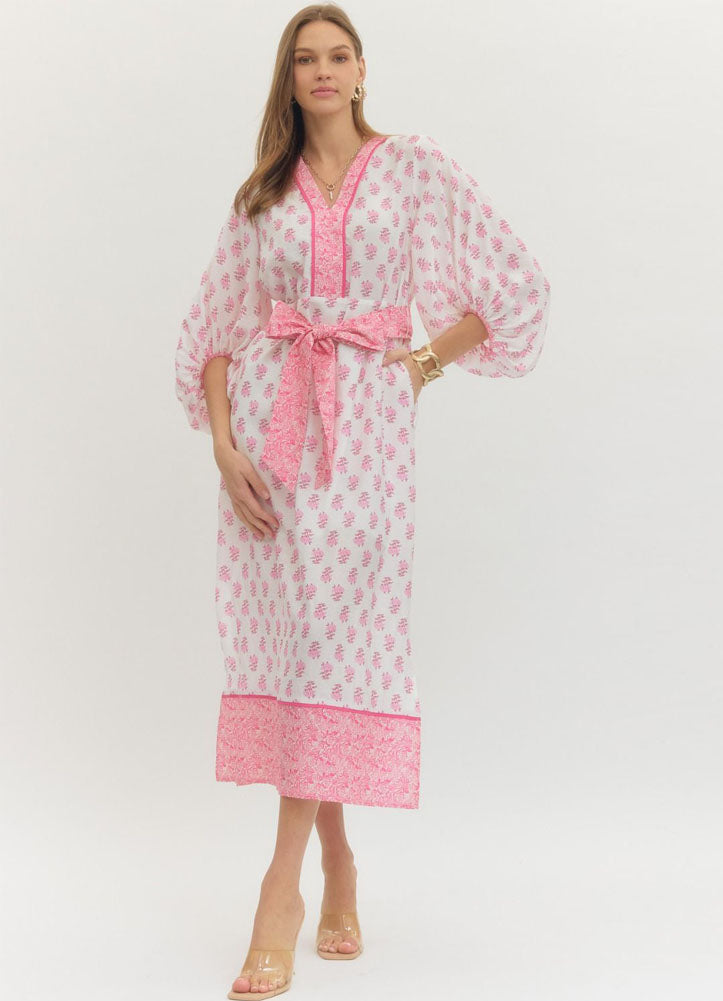 Floral Print Midi Dress with Contrast Trim in Pink by Entro