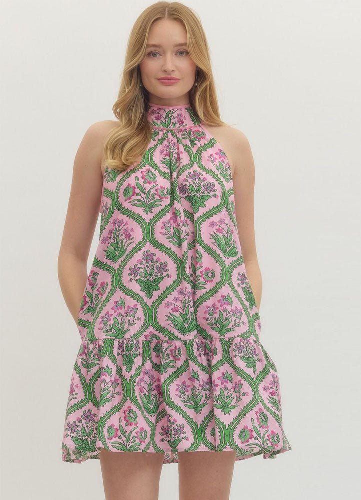 Botanical Print Sleeveless Mini Dress in Pink by Entro