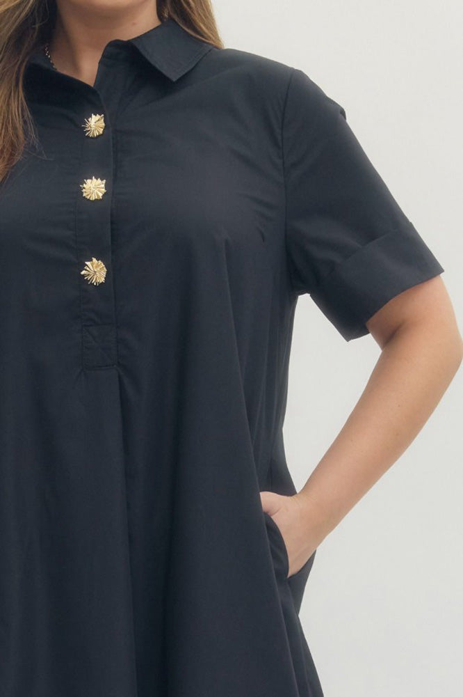 Plus Short Sleeve Dress with Shirt Collar and Snap Button in Navy