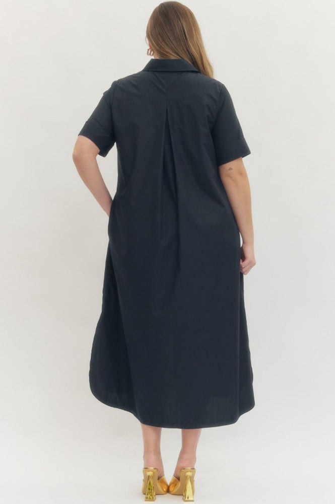 Plus Short Sleeve Dress with Shirt Collar and Snap Button in Navy