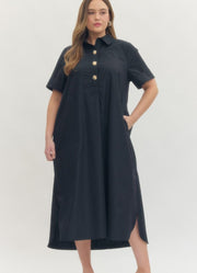 Plus Short Sleeve Dress with Shirt Collar and Snap Button in Navy