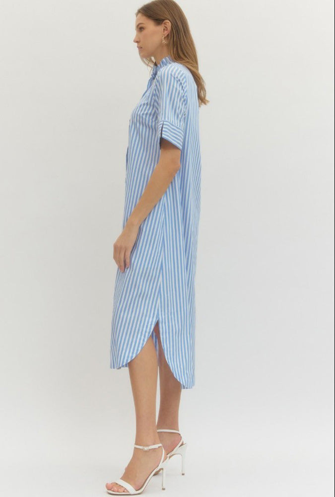 Striped Button Front Midi Dress in Light Blue by Entro