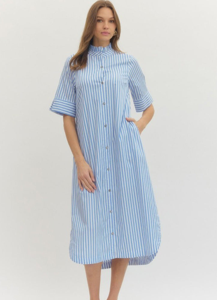 Striped Button Front Midi Dress in Light Blue by Entro