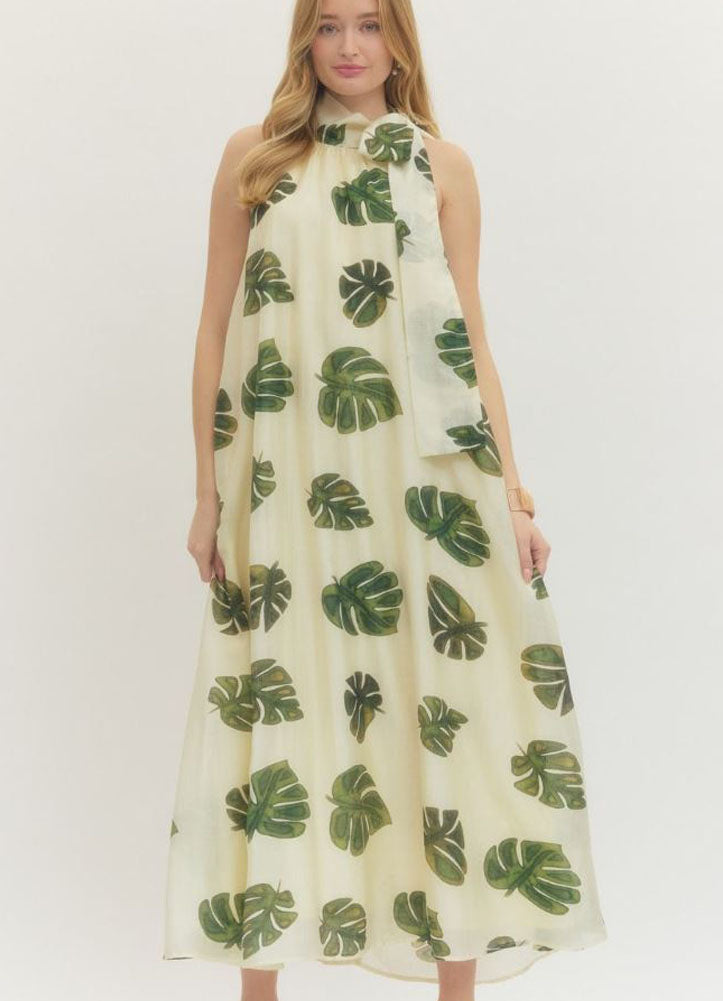 Botanical Print Halter Midi Dress in Cream by Entro