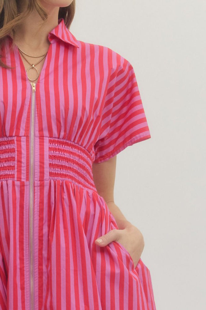Stripe SS Midi Dress with Smocked Waist in Red/Pink by Entro