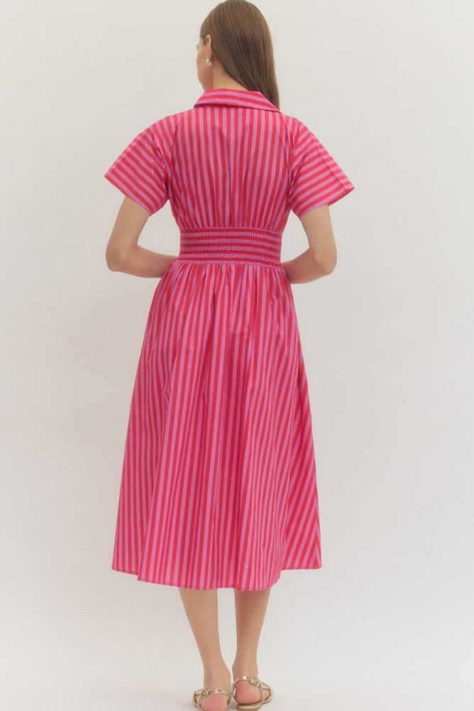 Stripe SS Midi Dress with Smocked Waist in Red/Pink by Entro