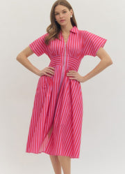 Stripe SS Midi Dress with Smocked Waist in Red/Pink by Entro