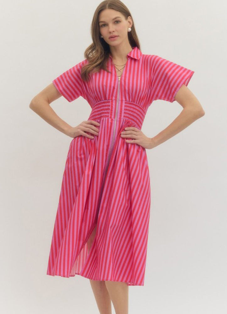Stripe SS Midi Dress with Smocked Waist in Red/Pink by Entro