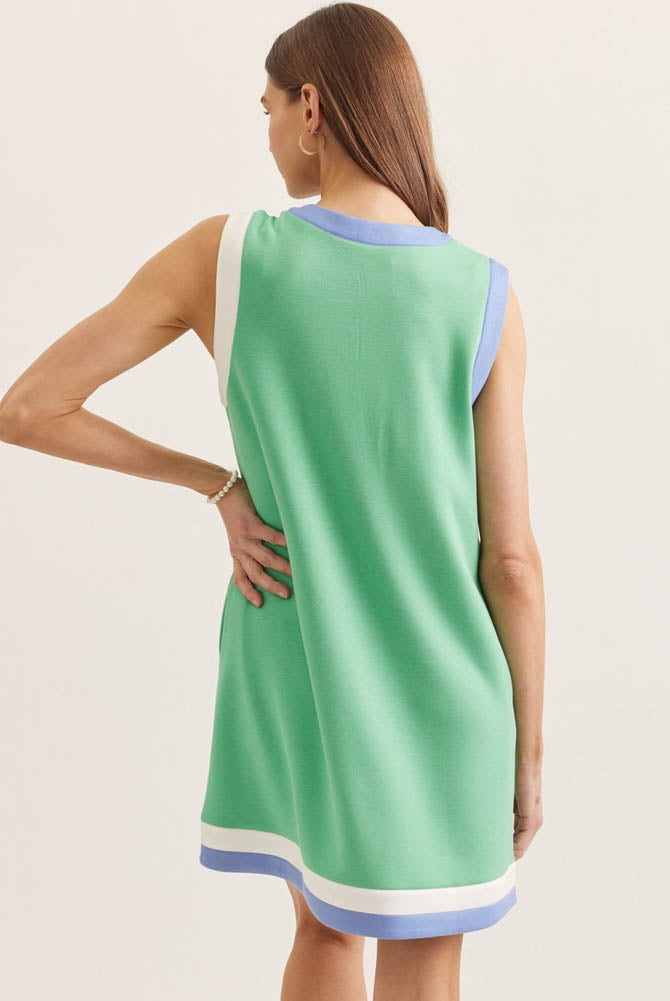 Sleeveless Split Neck Color Contrast Mini Dress in Green by Entro