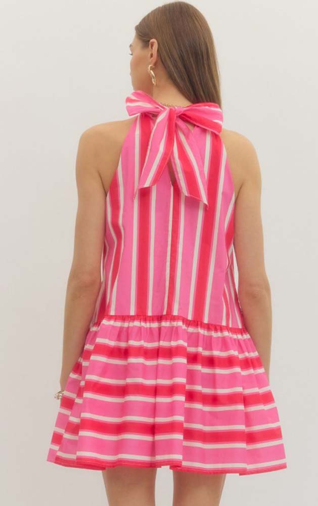 Striped Sleeveless Mini Dress with Back Neck Tie in Pink/Red by Entro