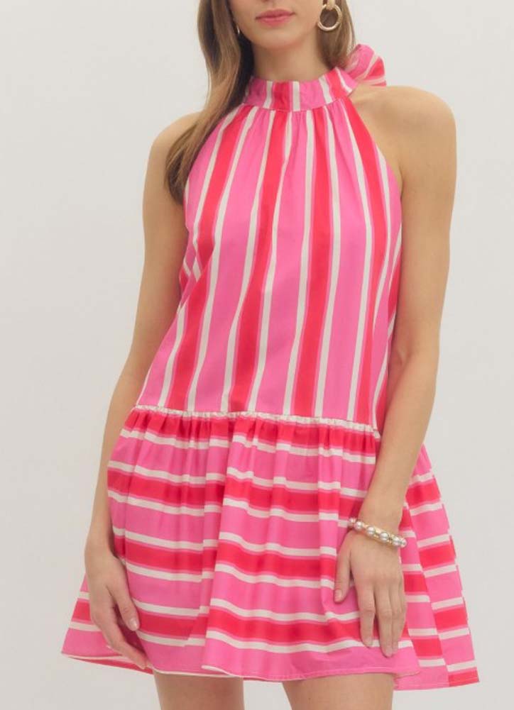 Striped Sleeveless Mini Dress with Back Neck Tie in Pink/Red by Entro