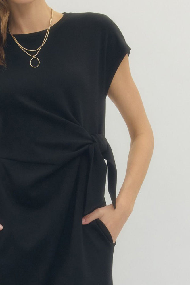 Solid SS Midi Dress with Wrap Style Side in Black by Entro