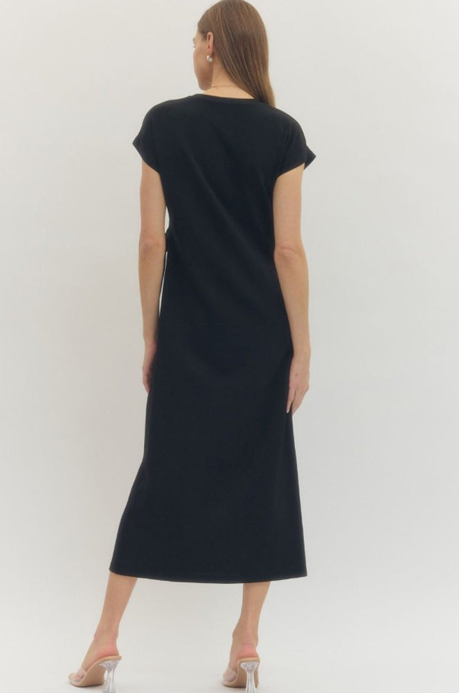 Solid SS Midi Dress with Wrap Style Side in Black by Entro