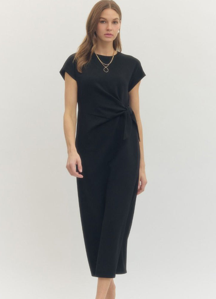 Solid SS Midi Dress with Wrap Style Side in Black by Entro
