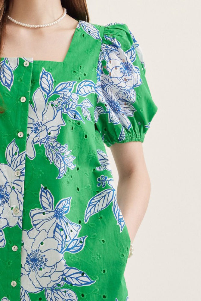 Botanical Print Puff Sleeve Mini Dress in Green by Entro