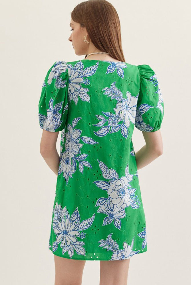 Botanical Print Puff Sleeve Mini Dress in Green by Entro