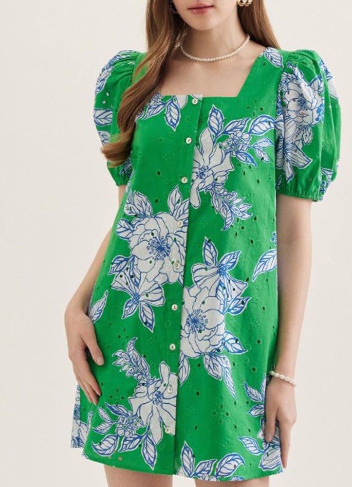 Botanical Print Puff Sleeve Mini Dress in Green by Entro