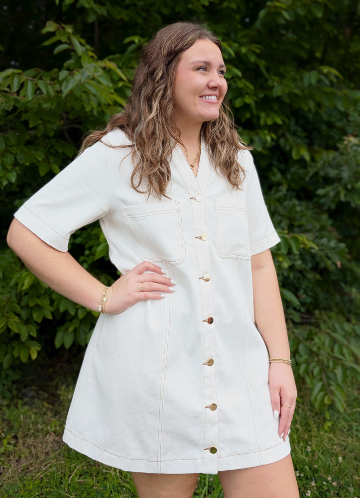 Solid Denim SS Mini Dress in Off White by Entro