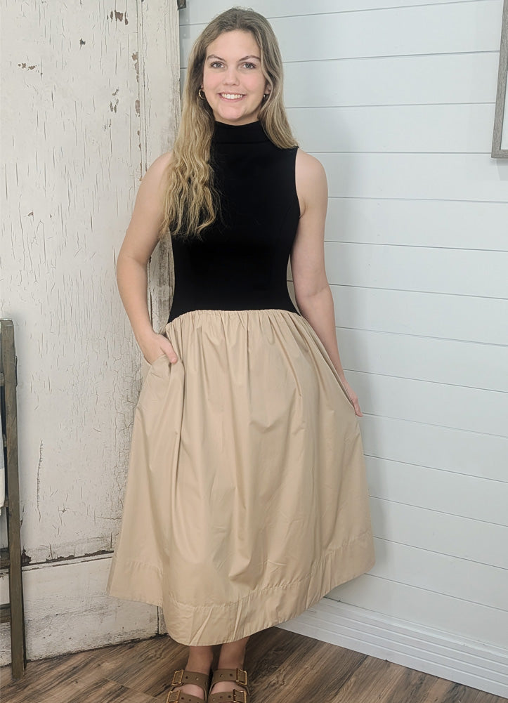Mixed Media Sleeveless Midi Dress in Black by Entro