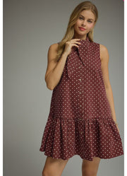 Polished Polka Dots Tie Neck Mini Dress in Burgundy by Entro Inc