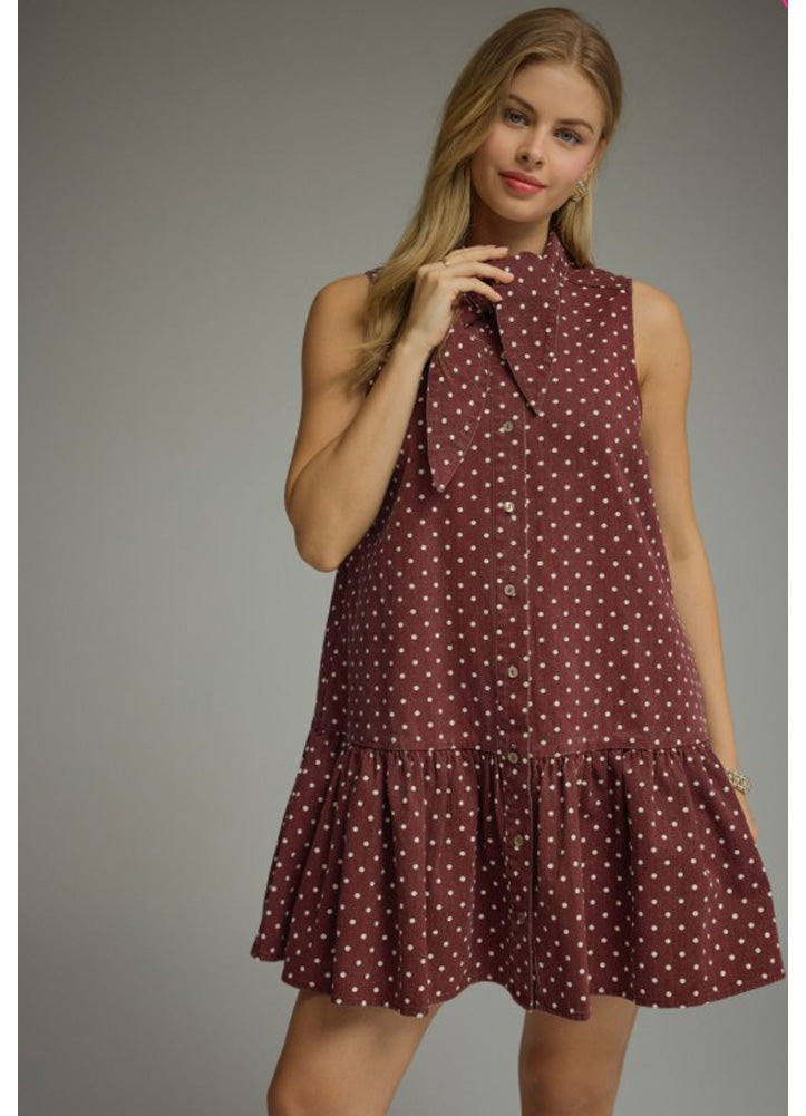Polished Polka Dots Tie Neck Mini Dress in Burgundy by Entro Inc