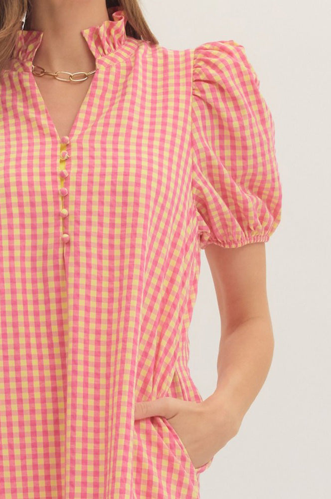 Gingham Short Puff Sleeve Midi Dress in Pink by Entro