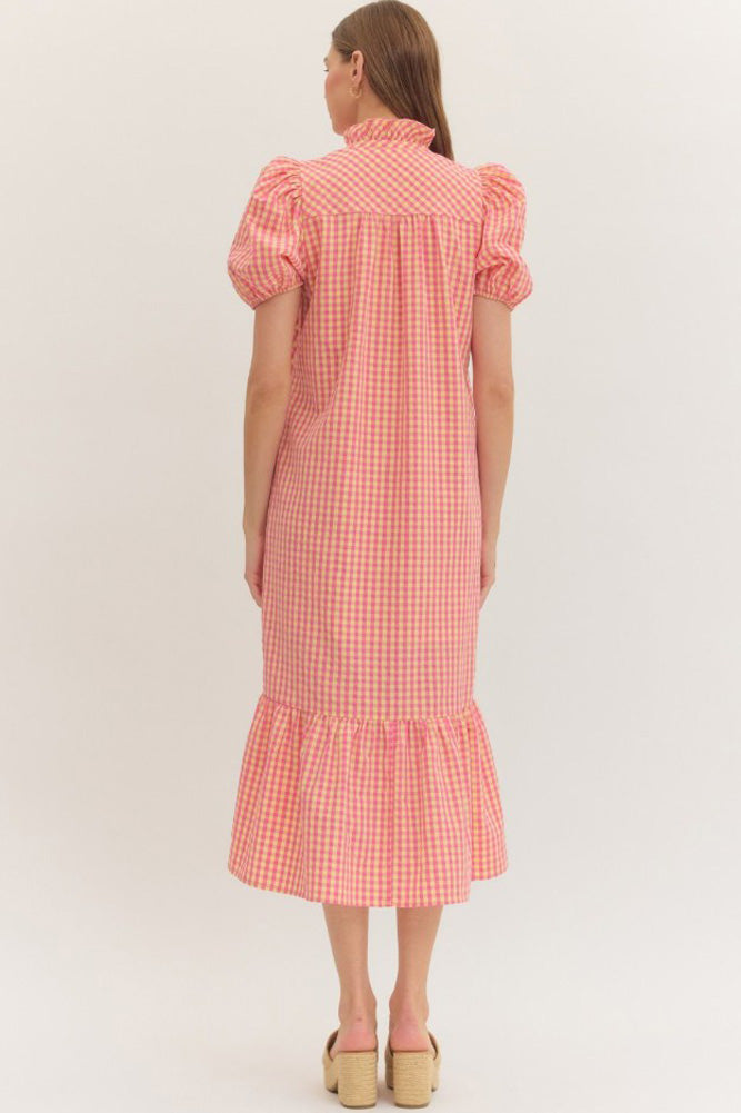 Gingham Short Puff Sleeve Midi Dress in Pink by Entro