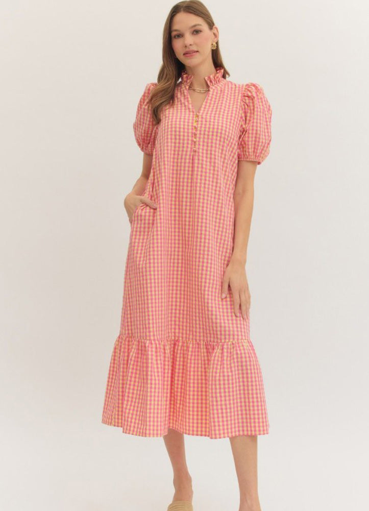 Gingham Short Puff Sleeve Midi Dress in Pink by Entro