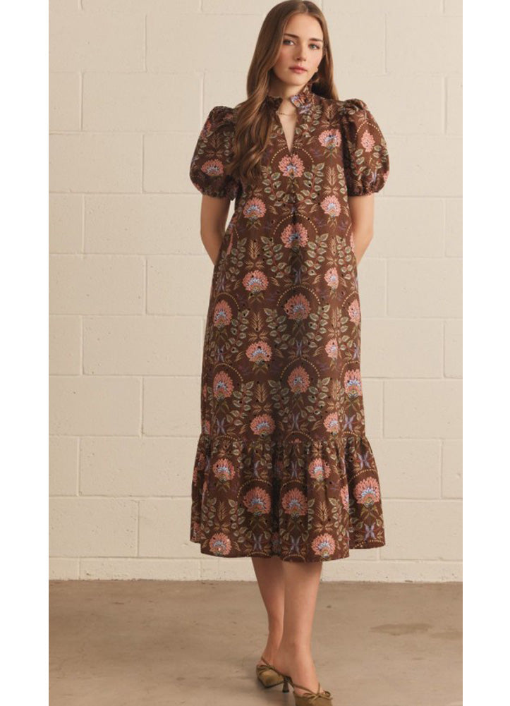 Floral Print Midi Dress in Brown by Entro Inc