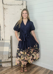 Floral Short Puff Sleeve Midi Dress in Navy by Entro