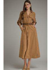 3/4 Roll-Tab Sleeve Midi w/Belt Dress in Camel by Entro Inc