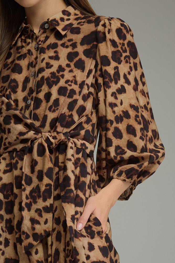 Leopard Print 3/4 Balloon Sleeve Midi Dress in Brown by Entro Inc
