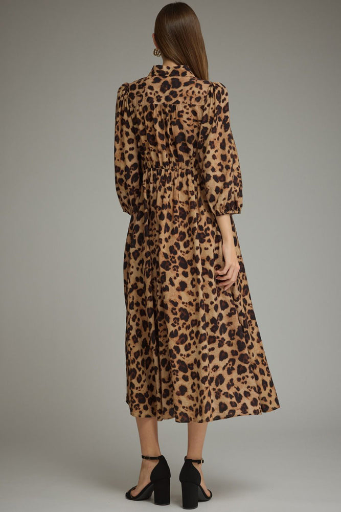 Leopard Print 3/4 Balloon Sleeve Midi Dress in Brown by Entro Inc