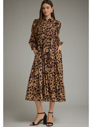 Leopard Print 3/4 Balloon Sleeve Midi Dress in Brown by Entro Inc