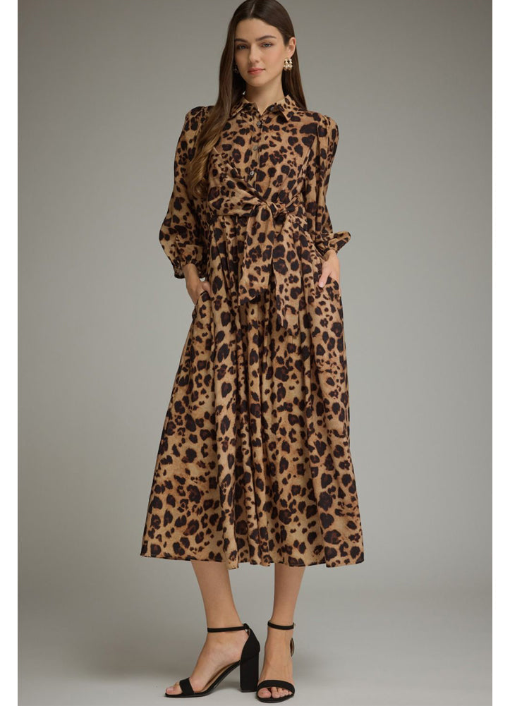 Leopard Print 3/4 Balloon Sleeve Midi Dress in Brown by Entro Inc