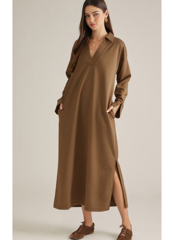 Solid LS Midi Dress with Collar in Mocha by Entro