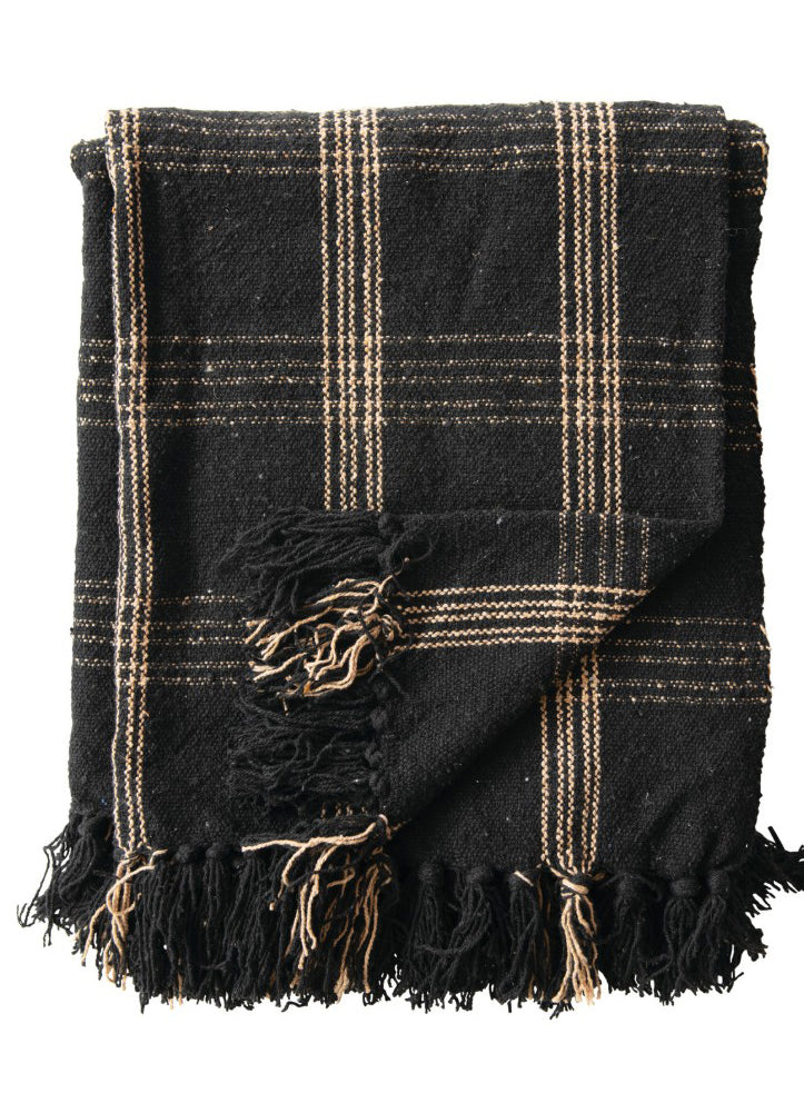 Recycled Cotton Blend Throw in Black/Tan Plaid by Creative Co-op